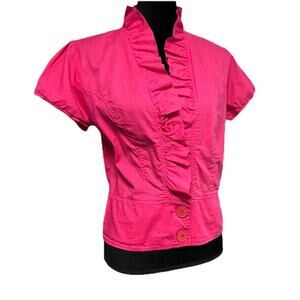 Y2K Cap Puff Sleeve Jacket Ruffle V-neck Coquette Bright Pink Large Festival